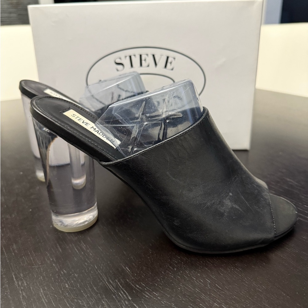 Steve Madden Black Leather Mule with Clear Acrylic Heel